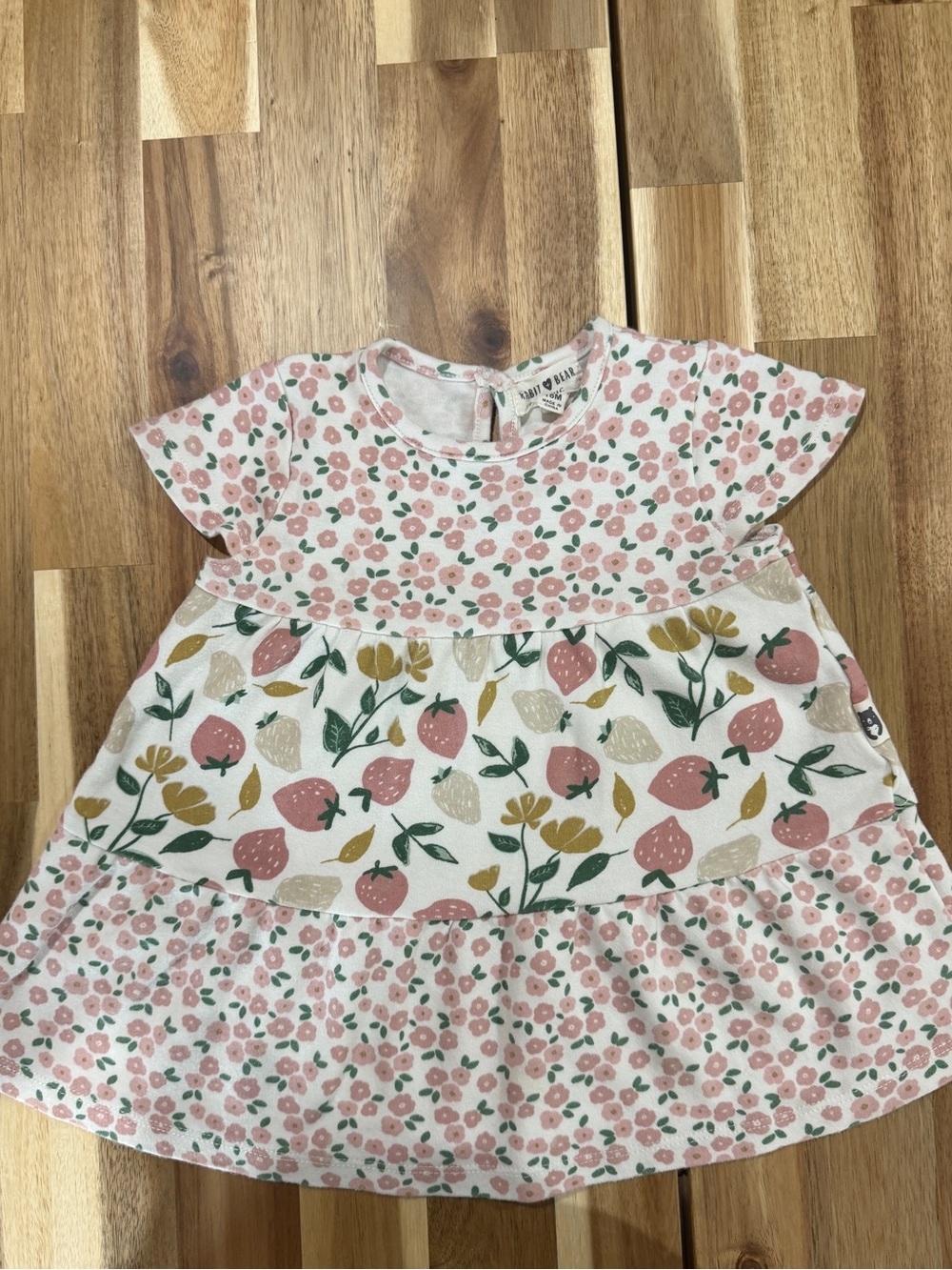 Rabbit + Bear Organic Pink Floral & Strawberry Tiered Dress for Girls